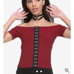 Black & Red Striped Hook & Eye Off-The-Shoulder Plus size girls Top